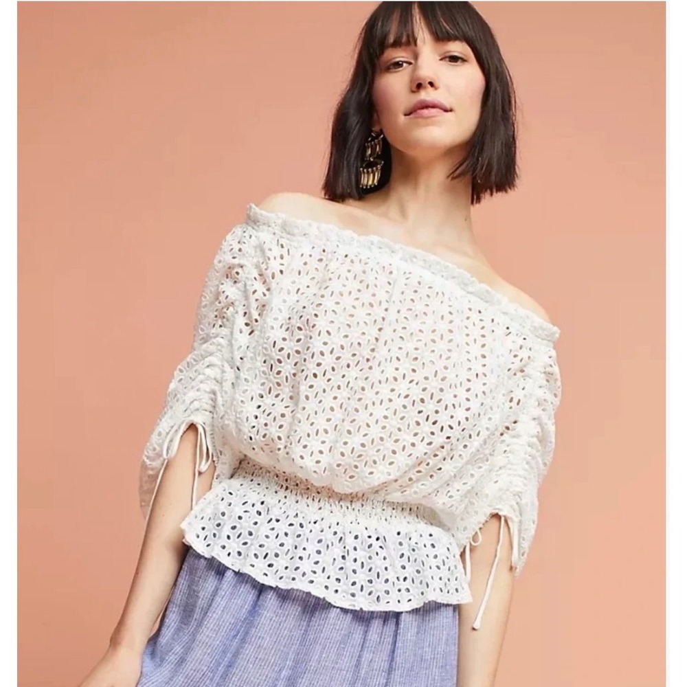 Harlyn x Anthropologie Eyelet Lace Smocked Off Shoulder Top S White